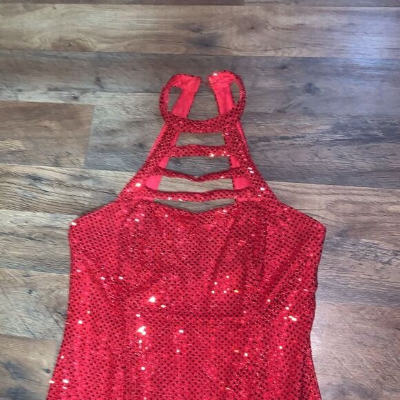 Sexy Retro Vintage 90s Red Sequin Floor Length Formal Gown Halter Neck Leg Slit - Picture 14 of 16